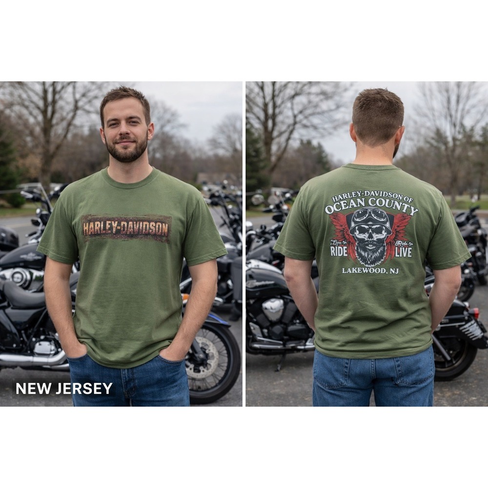 Harley Davidson Ocean County‎ NJ T Shirt Skull Wings Biker Green Men's XL